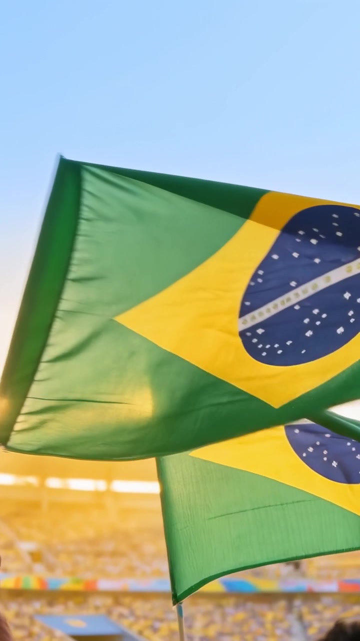 Video verticale: Tifoso che sventola con la maglia gialla numero 10 nello stadio durante il gioco, con bandiere brasiliane a sostegno.
