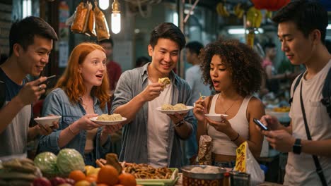 a vibrant food market experience: young friends enjoying delicious street food together in a lively atmosphere filled with fresh produce and flavorful dishes