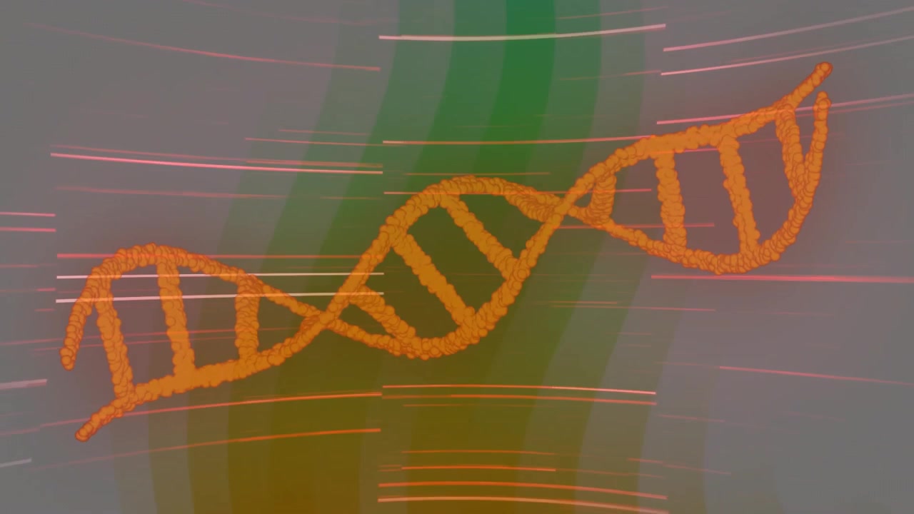 On playback orange DNA helix moving across, curving and thinning, breaking to dust showing change