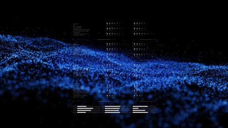 animación de una malla azul brillante y procesamiento de datos sobre un fondo negro.
