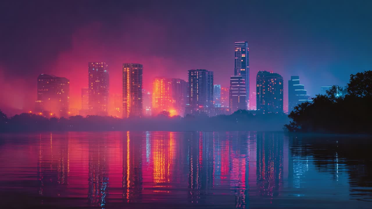A Captivating Nightscape of a Dazzling Metropolis Reflected in Serene Waters, Illuminated by Vibrant Colors and Mystical Fog, Creating a Stunning Visual Experience