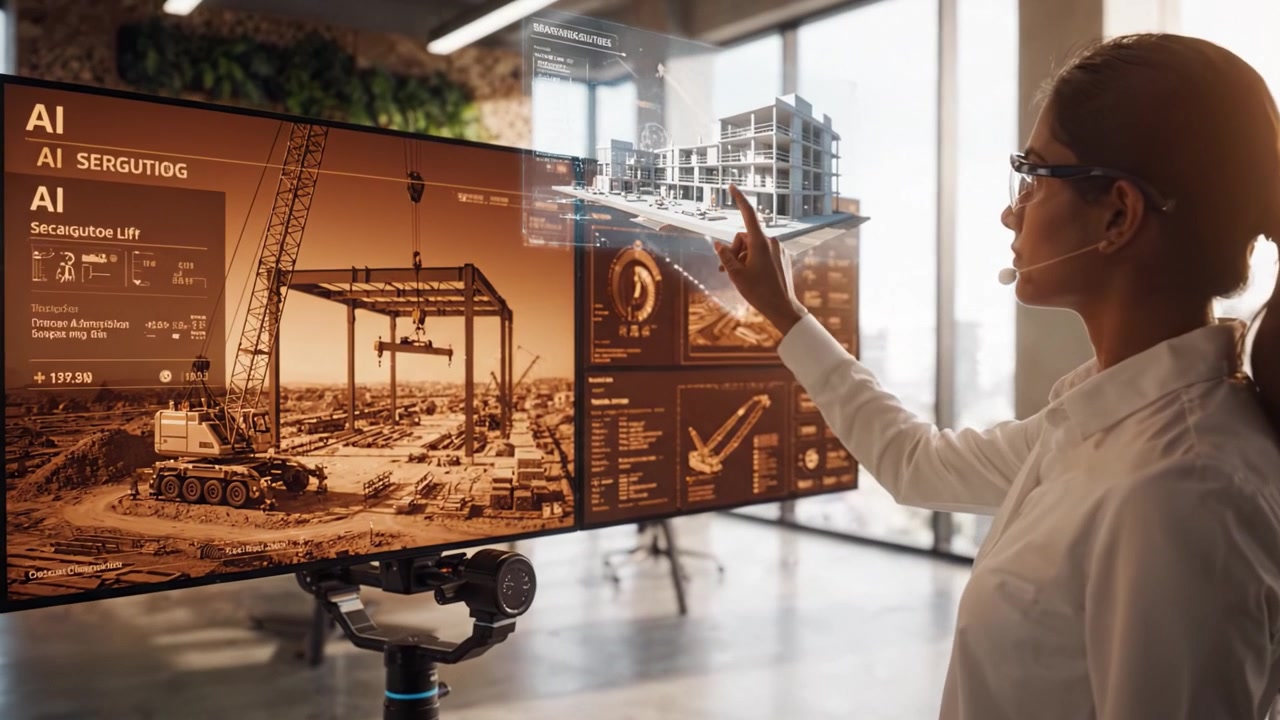 Ambiente d'ufficio innovativo con tecnologia AI avanzata e analisi dei dati per progetti di costruzione, con elementi di design moderno e arredamento sostenibile.