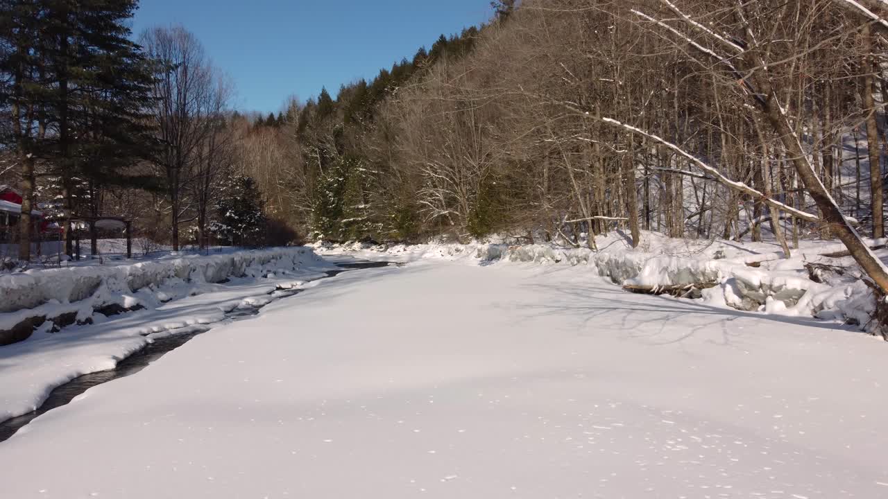 A peaceful winter scene featuring a frozen stream surrounded by snow-covered trees and forested hills. Bare branches and evergreens line the banks under clear blue skies.