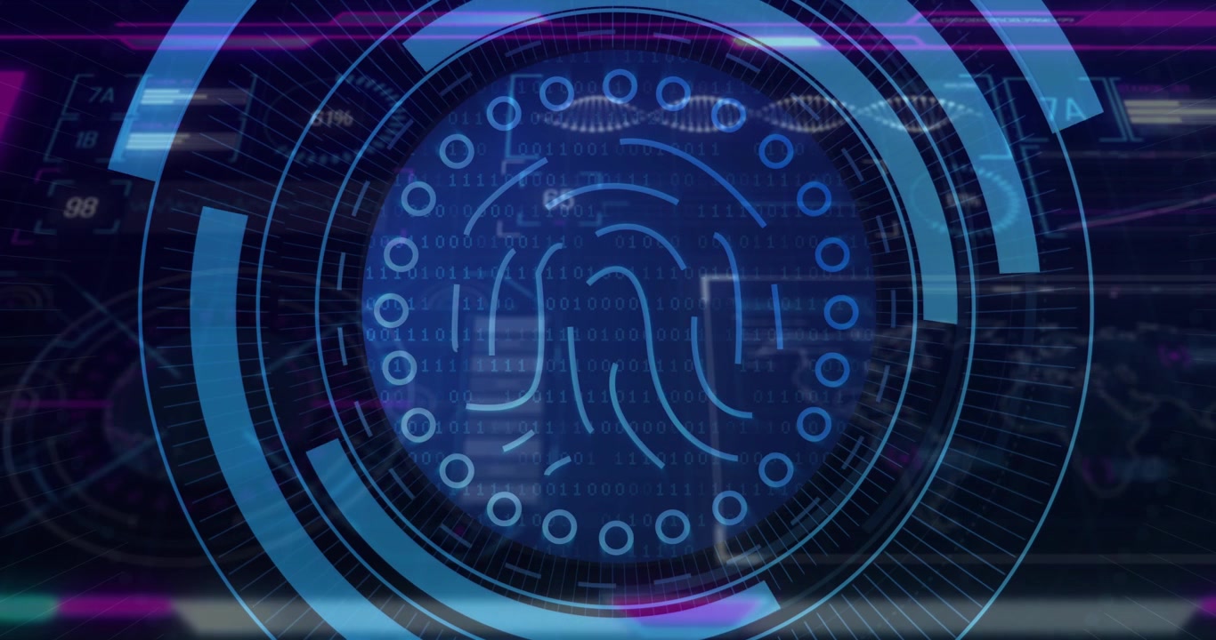 Receiving auth request, circular biometric HUD animating rings, fingerprint pulsing for access scan