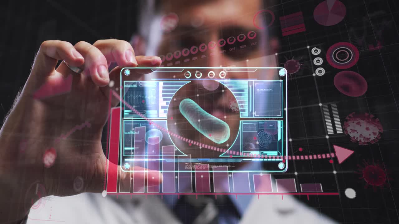Covid-19 statistical data processing against caucasian male doctor holding futuristic screen