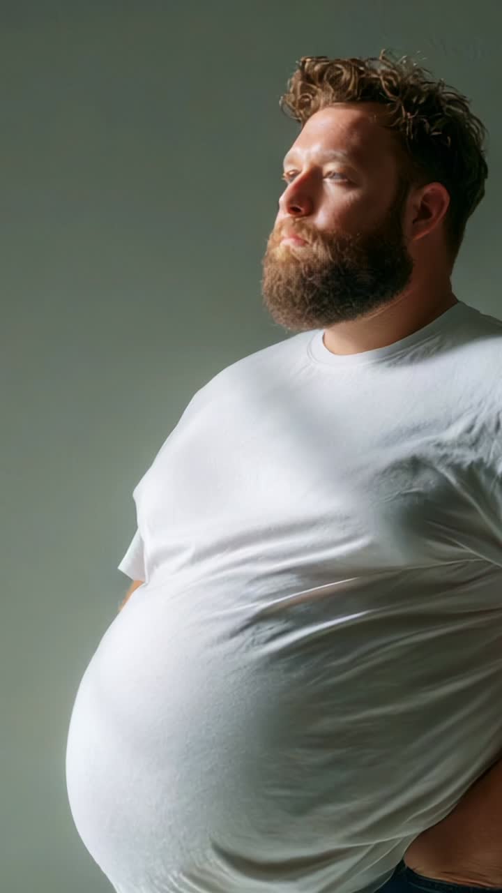 Un uomo dall'aria pensierosa è in piedi, solenne, con una semplice camicia bianca, che mette in mostra la sua pancia rotonda, con un'illuminazione soffusa che crea un'atmosfera tranquilla che enfatizza la sua posa.
