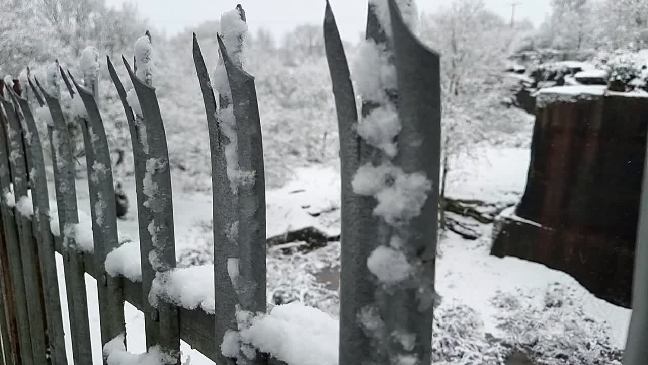 Vista dall'alto su una cava boschiva invernale protetta da una recinzione di sicurezza metallica coperta di neve
