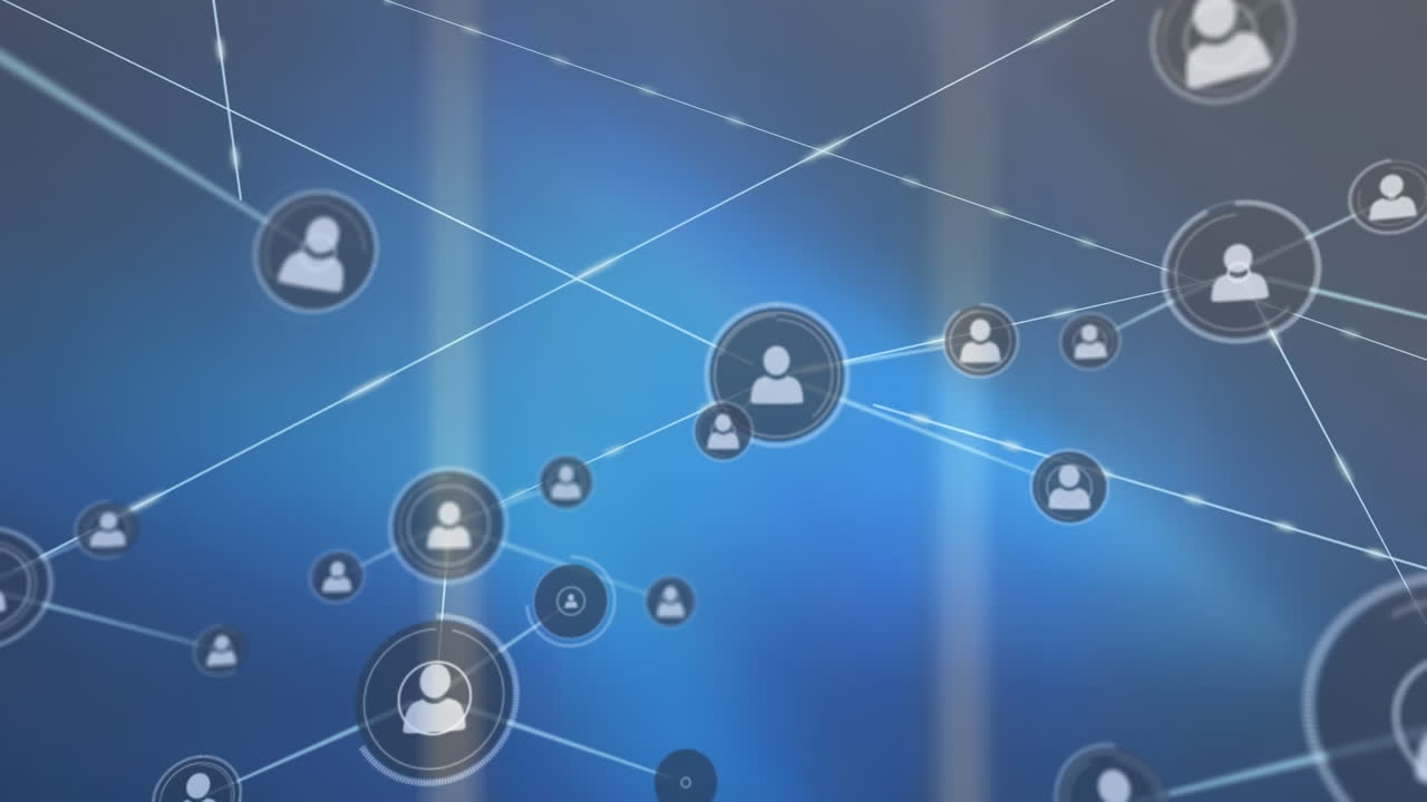 animación de la red de conexiones con iconos sobre fondo azul