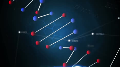 animación de cadenas de adn y números cambiantes, procesamiento de datos médicos en fondo azul