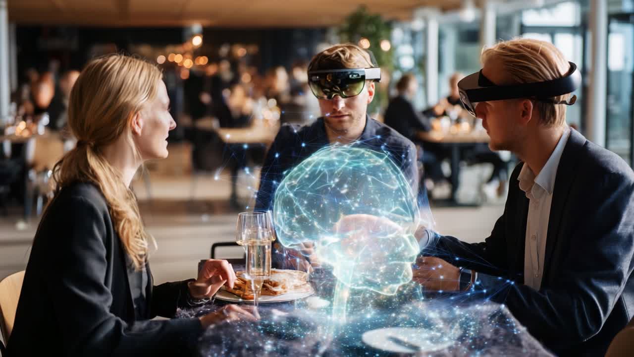 A futuristic dining experience showcases three individuals engaged in augmented reality, exploring digital interactions and holographic displays while enjoying a meal in a modern setting