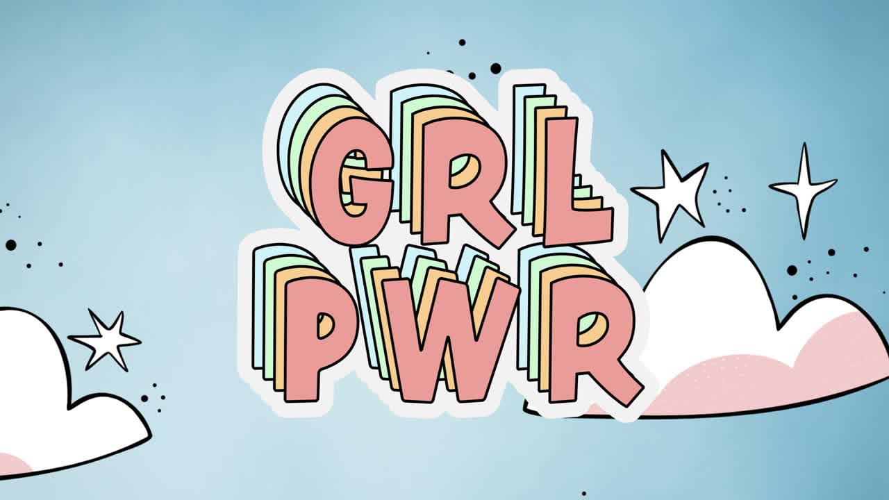 Animação do texto girls power, sobre nuvens e estrelas