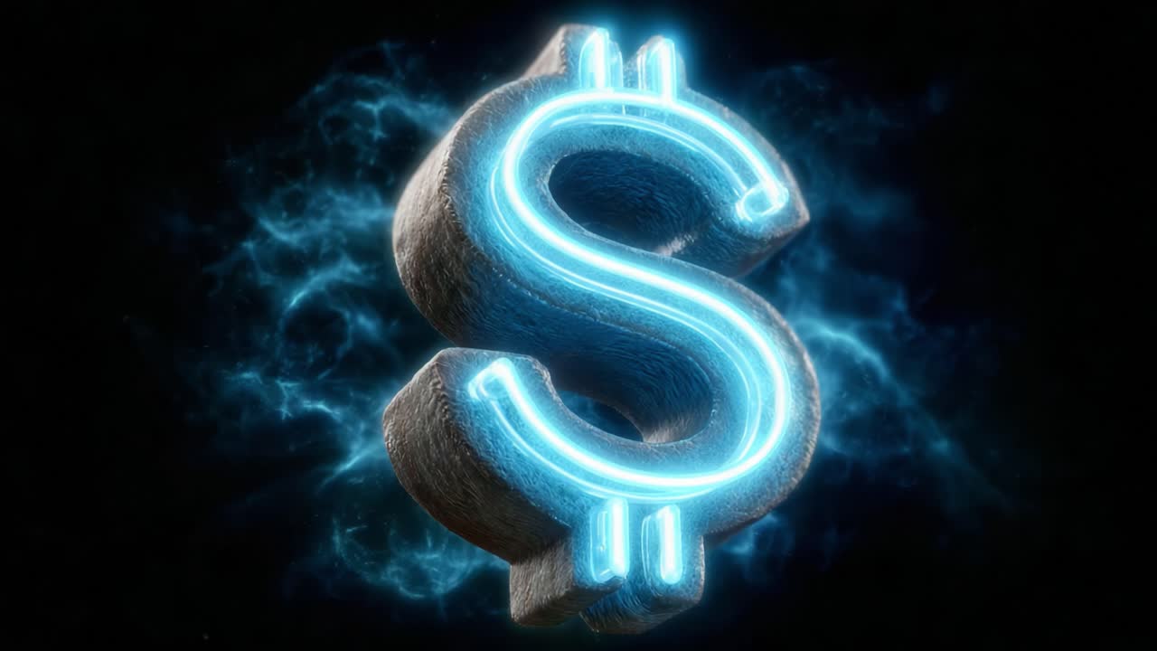 電気エネルギーを背景に、照らされたドル記号。現代のデジタル領域における経済的な繁栄と経済力を表しています。