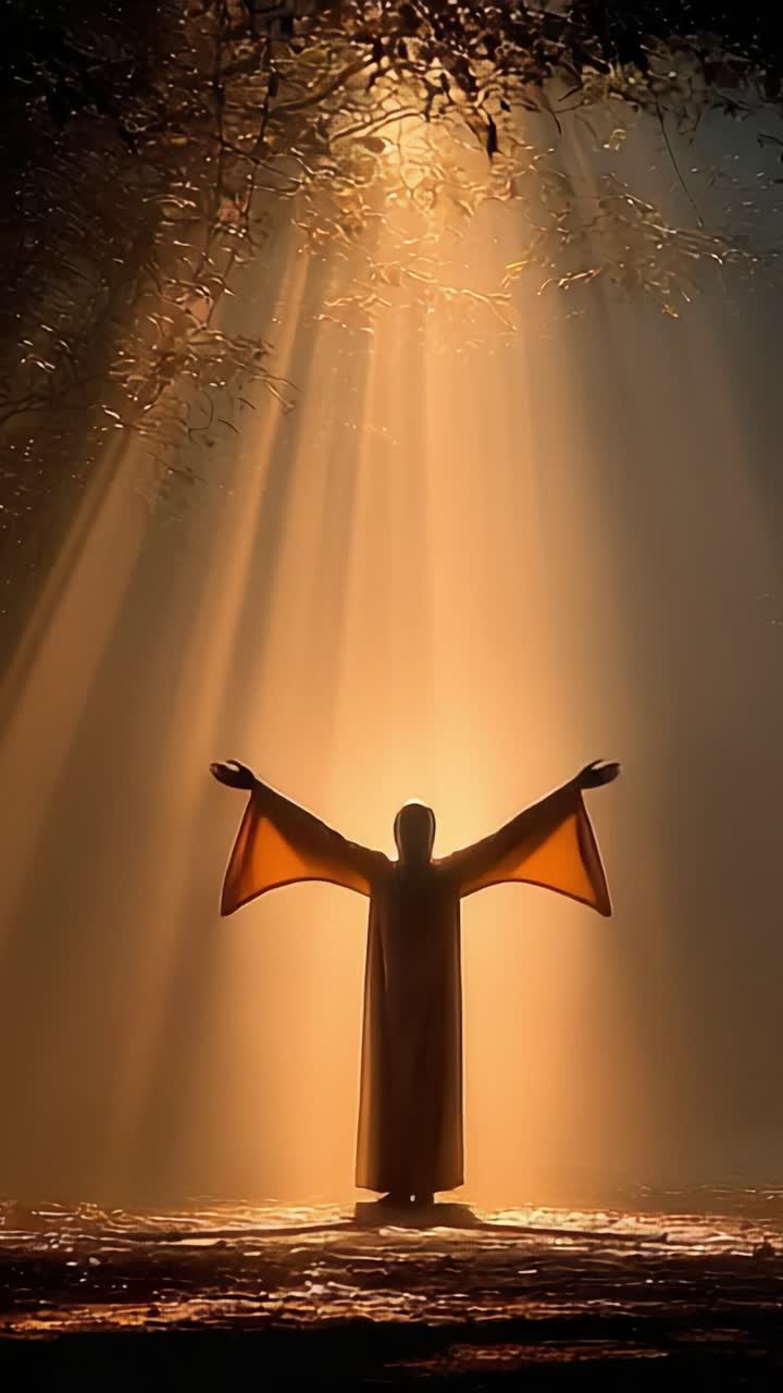A Serene Transformation: Capturing the Ethereal Journey of Light and Reverence in a Moment of Divine Connection Amidst Nature's Embrace