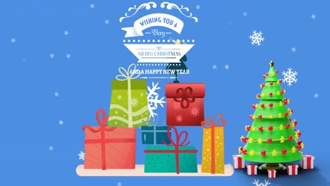 Animación-De-Copos-De-Nieve,-Deseándoles-Feliz-Navidad,-Regalos-Y-árbol-Sobre-Fondo-Azul