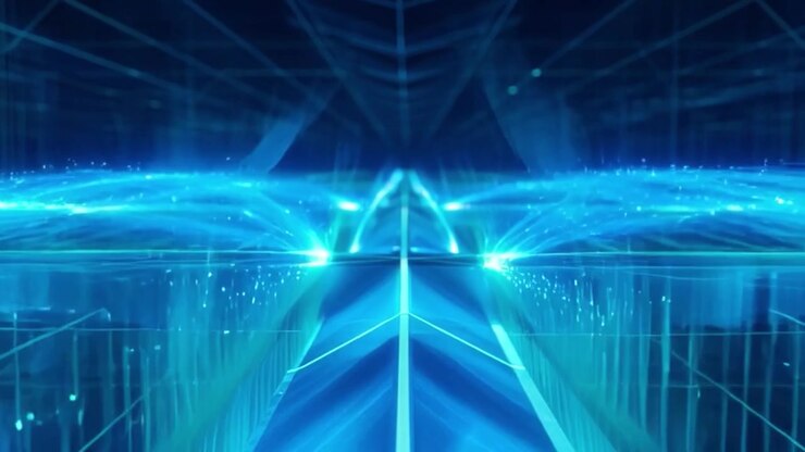 Abstract Digital Tunnel with Glowing Blue Light Waves