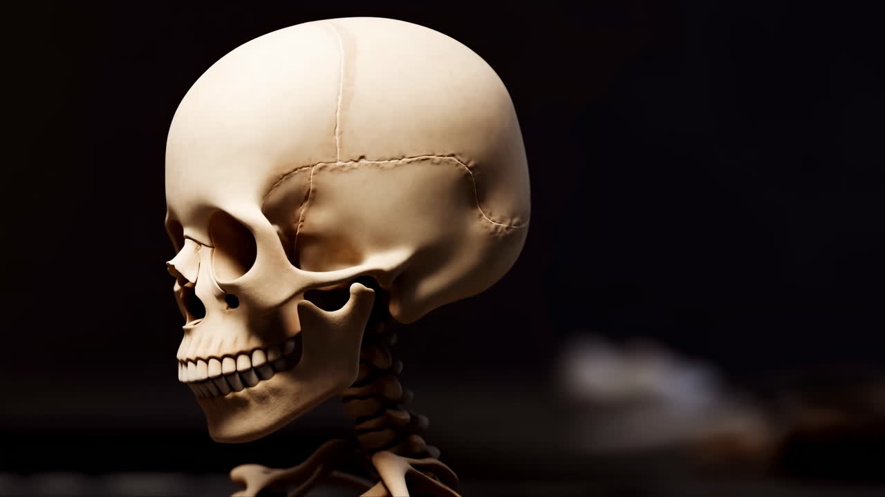 Primo piano di un modello di teschio su sfondo scuro, di profilo, con suture e denti visibili. Illuminazione calda da studio.