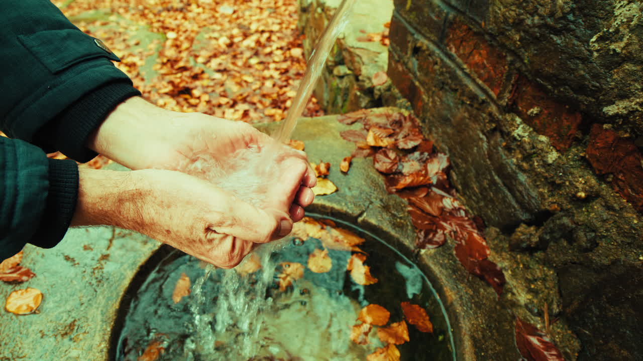 A Man's Hands Refreshing From a Water Spring in the Autumn Mountains
