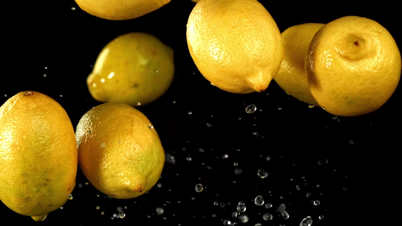 Limoni freschi con goccioline d'acqua che fluttuano al rallentatore