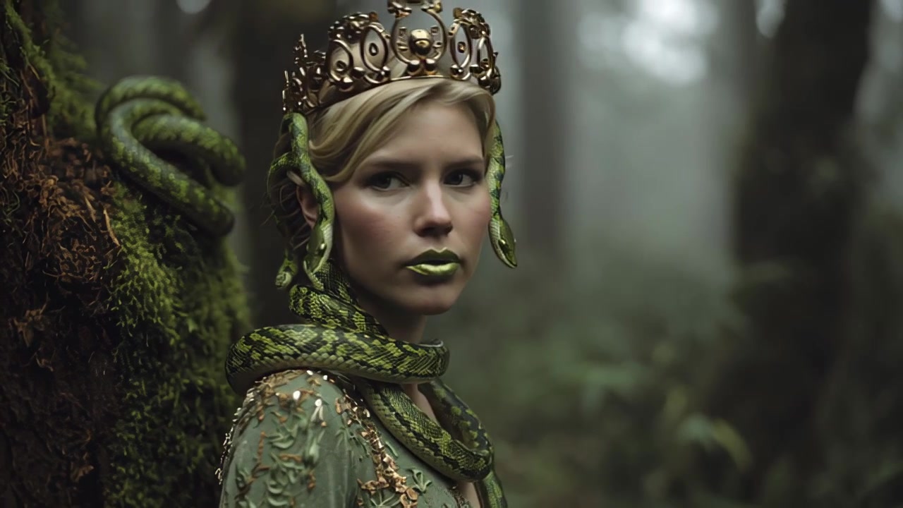 Riprese cinematografiche fantasy di una giovane donna che indossa una corona ornata con serpenti e rossetto verde, in piedi in una foresta nebbiosa, concetto di fiaba mistica.