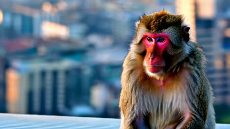 a japanese macaque with a cityscape in the background
