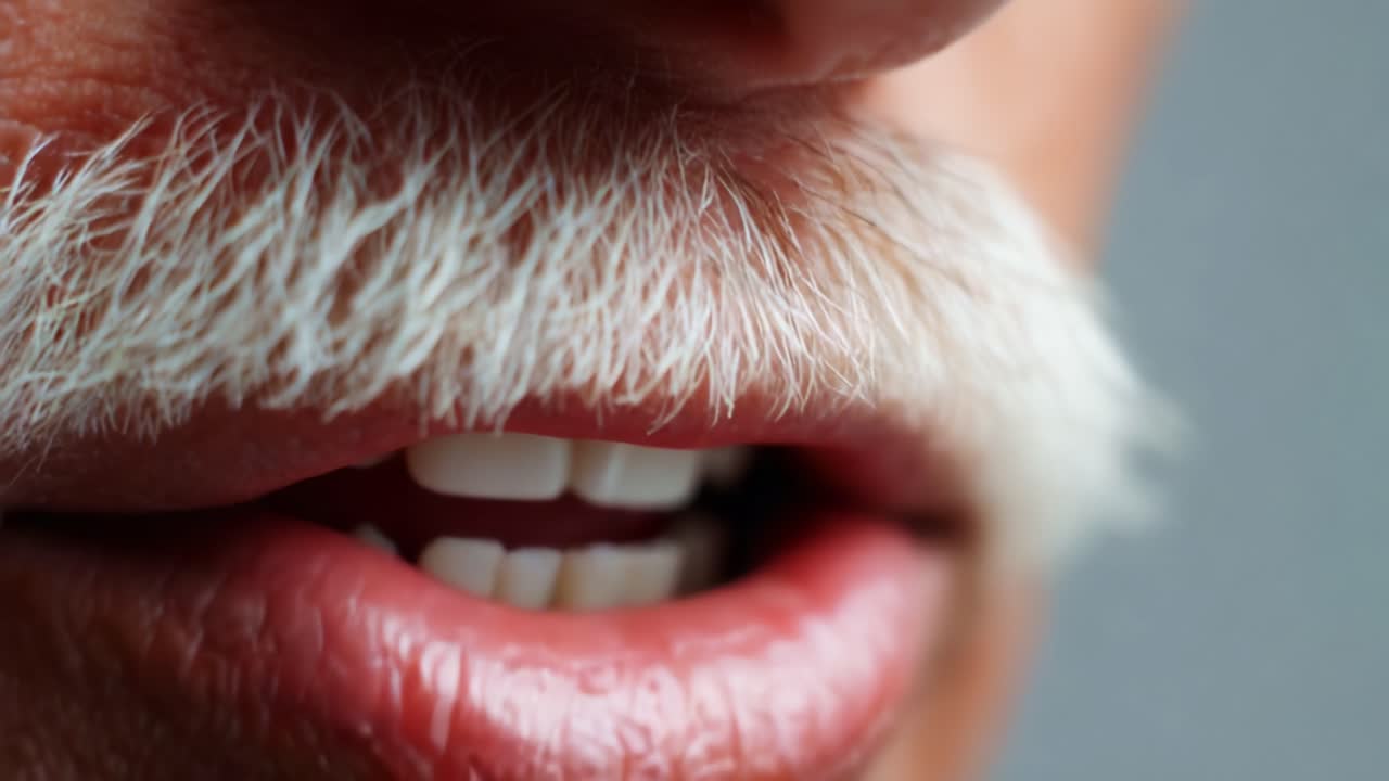Close-Up of a Mouth with Prominent Mustache and Teeth, Showcasing Detailed Texture, Expression, and Color Contrast, Highlighting the Subtlety of Facial Features and Emotions