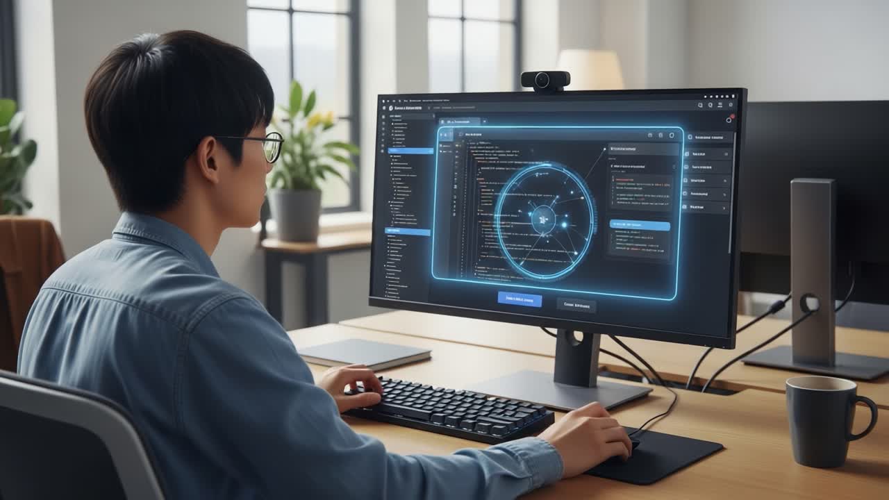 A focused individual engages with advanced coding software on a high-resolution monitor, surrounded by a modern workspace, showcasing a blend of technology and concentration