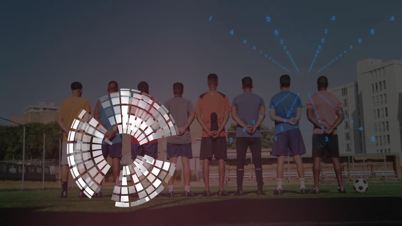 Team of soccer players standing on field with digital data animation overlay