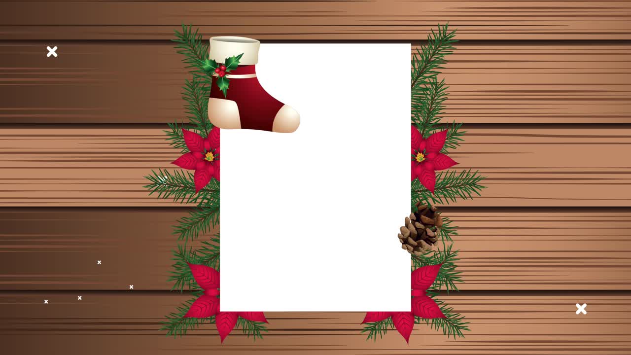 feliz tarjeta de navidad con marco floral en fondo de madera