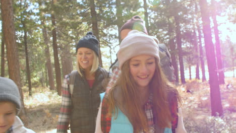 handheld front view of a family walking along a forest trail