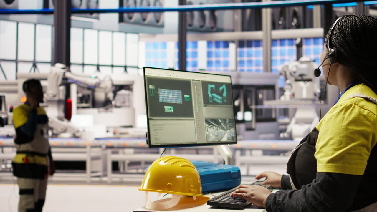 Vertical video Technician remotely supervising smart factory production lines