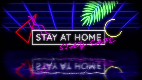 Animation-of-flashing-white-and-purple-neon-signs-saying-Stay-At-Home-Stay-Safe-on-a-black-backgroun