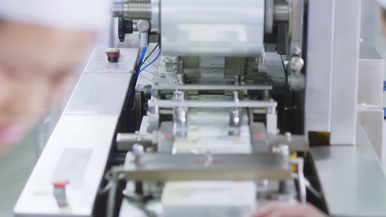 Pharmaceutical production line with workers in uniform inspecting medicine bottles amber glass vials in clean laboratory environment, showcasing quality control in modern drug manufacturing