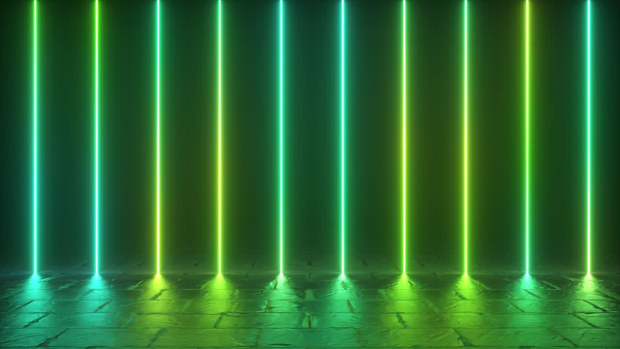 líneas verticales verdes y amarillas de neón en un piso de piedra