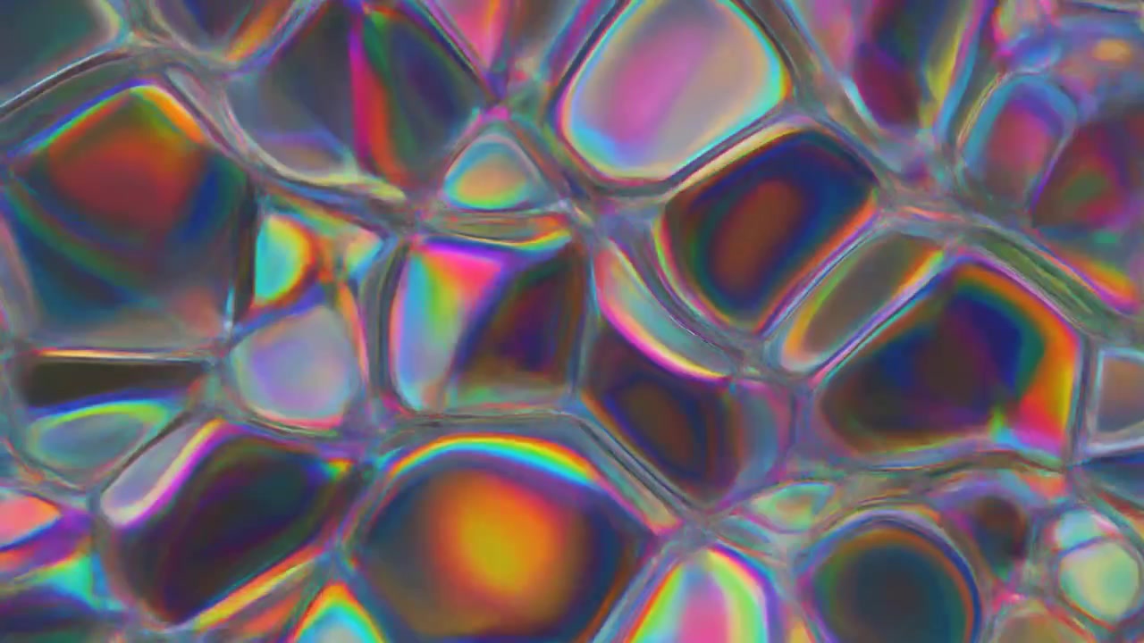 Bolle liquide iridescenti astratte che si muovono al rallentatore.