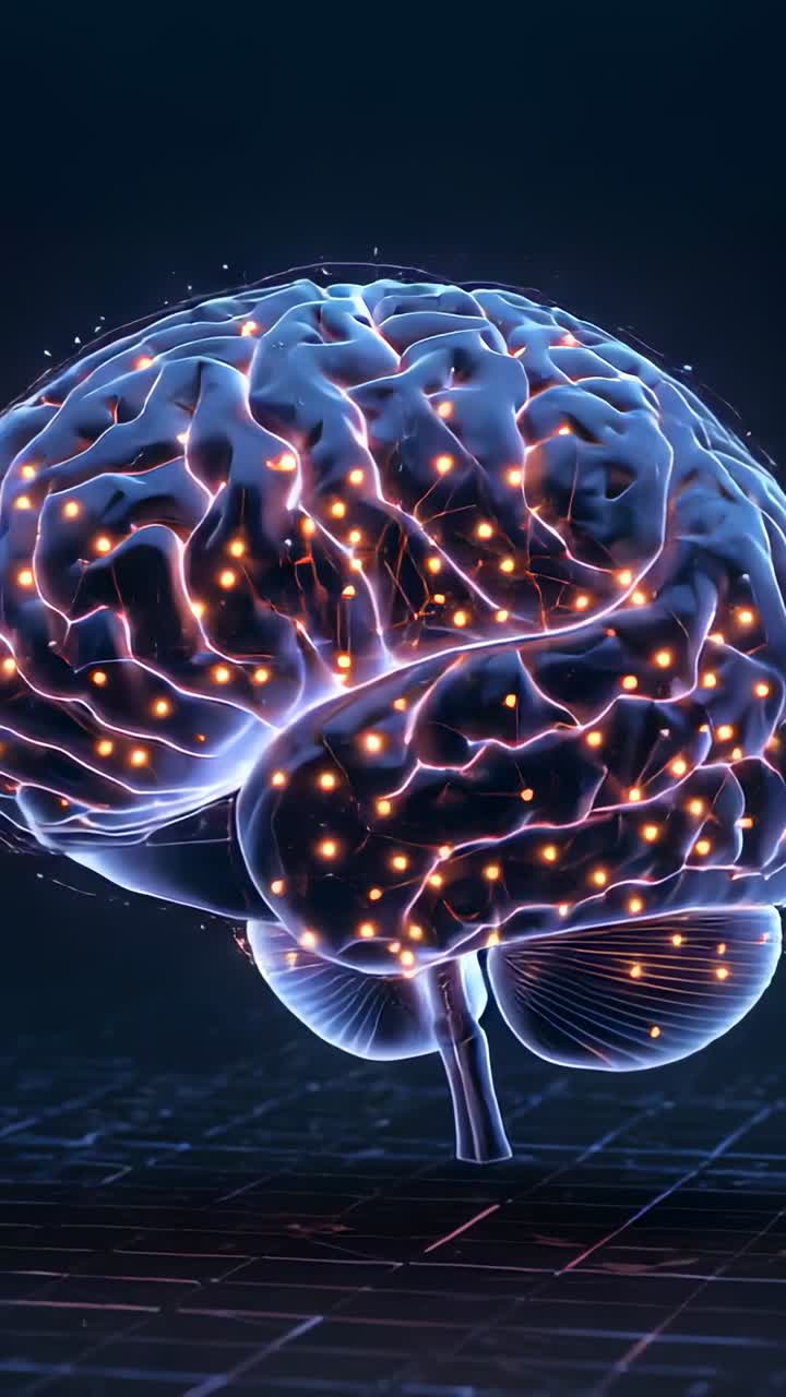 Vertical video: Rotating 3D brain mapping signals on start in dark studio, showing glowing nodes
