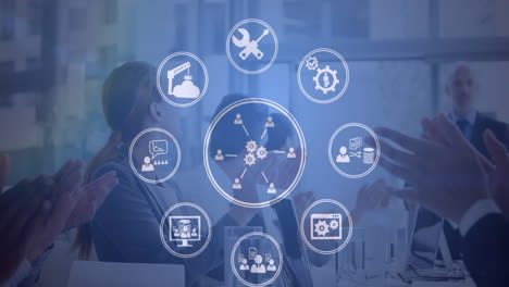 Animation of network of connections with business icons over diverse business people