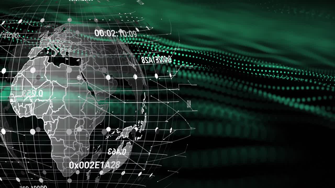 Animation of data processing over spinning globe and green digital wave against black background