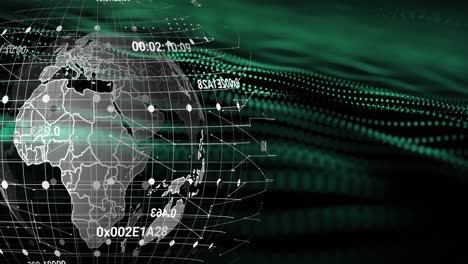animation of data processing over spinning globe and green digital wave against black background