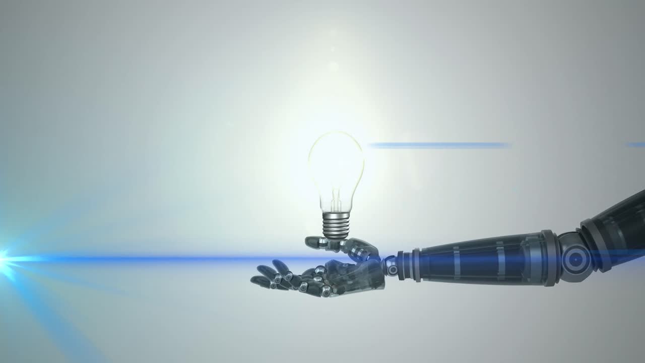 animación de una bombilla iluminada sobre la mano del brazo del robot, con luz azul en movimiento sobre gris