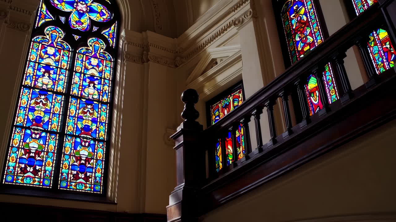 Grand Staircase with Stained Glass Windows in a Historic Building