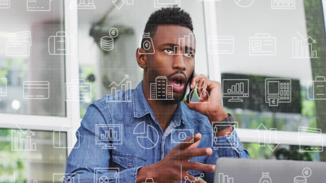 Animation of data processing over african american businessman using smartphone