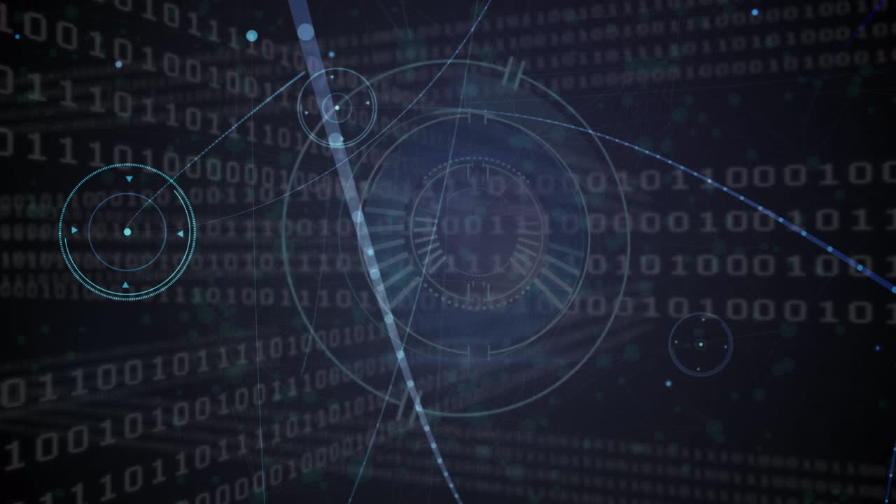 Animation of network of connections with data processing over scope scanning on black background
