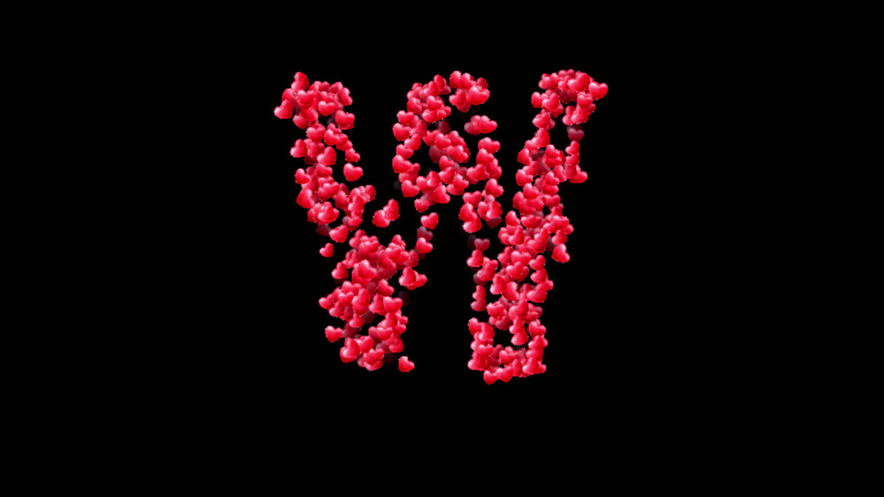 Heart particles letter W animation on transparent background