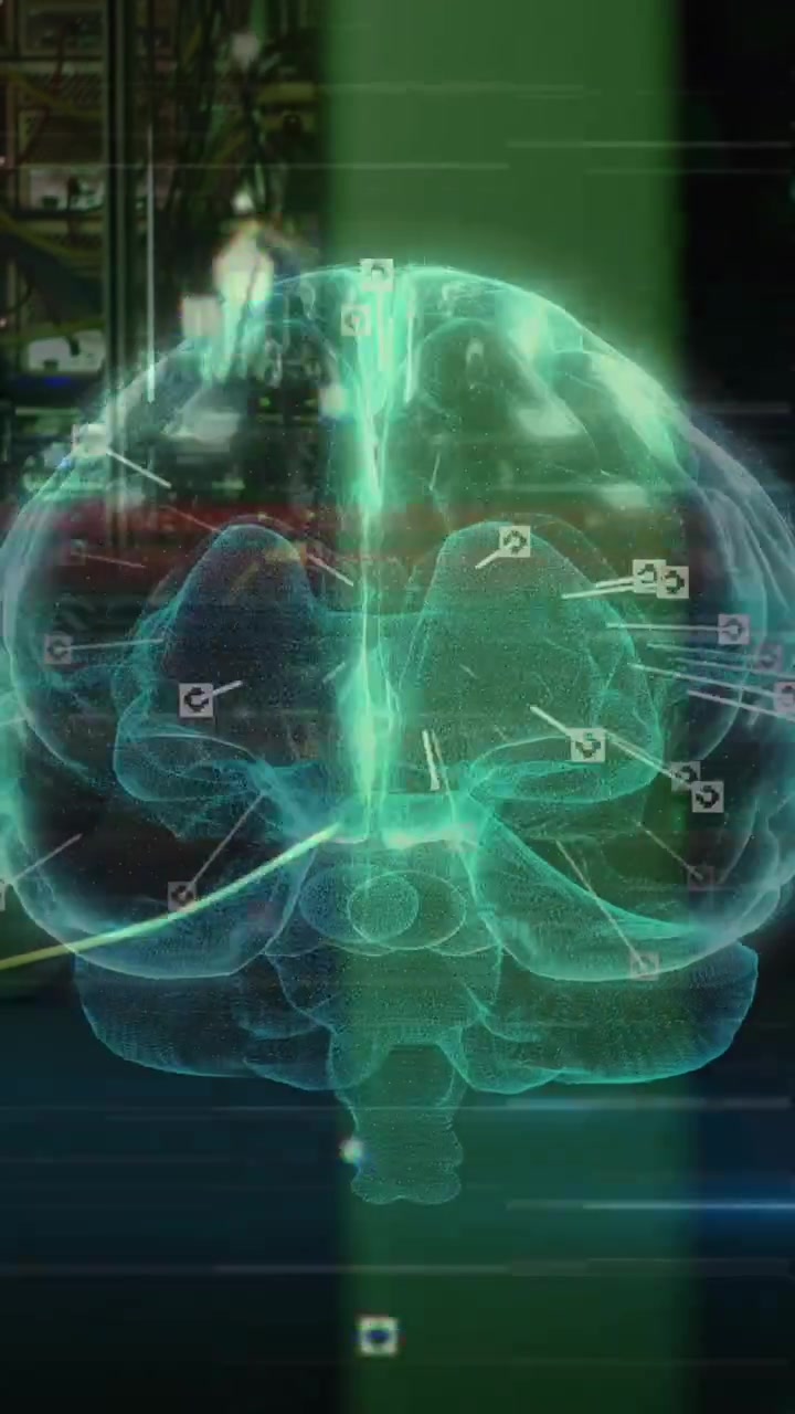 Animation of light trails and digital brain over asian hacker in server room