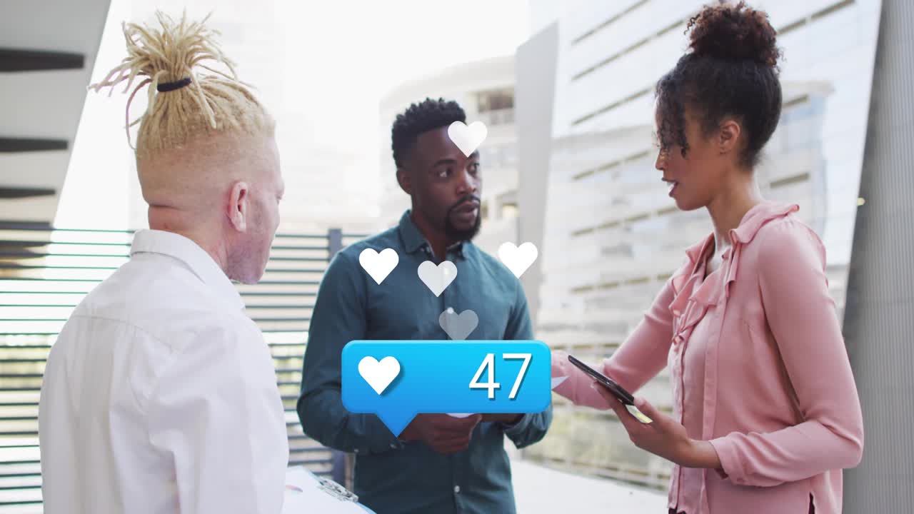 Marketing team analyzing data on balcony tracking like counter with floating hearts rising to 95