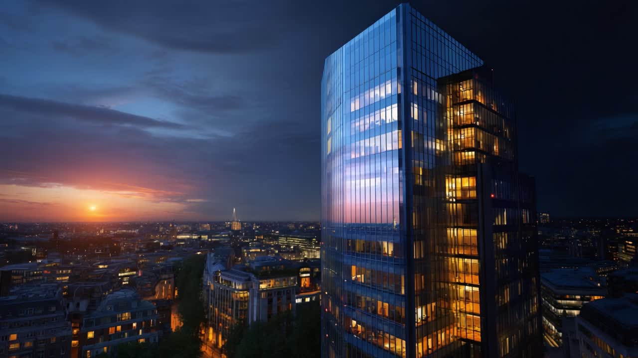 Vistas deslumbrantes de um arranha-céu moderno ao pôr do sol e à noite, mostrando a arquitetura urbana com luzes vibrantes e um horizonte dinâmico da cidade no plano de fundo