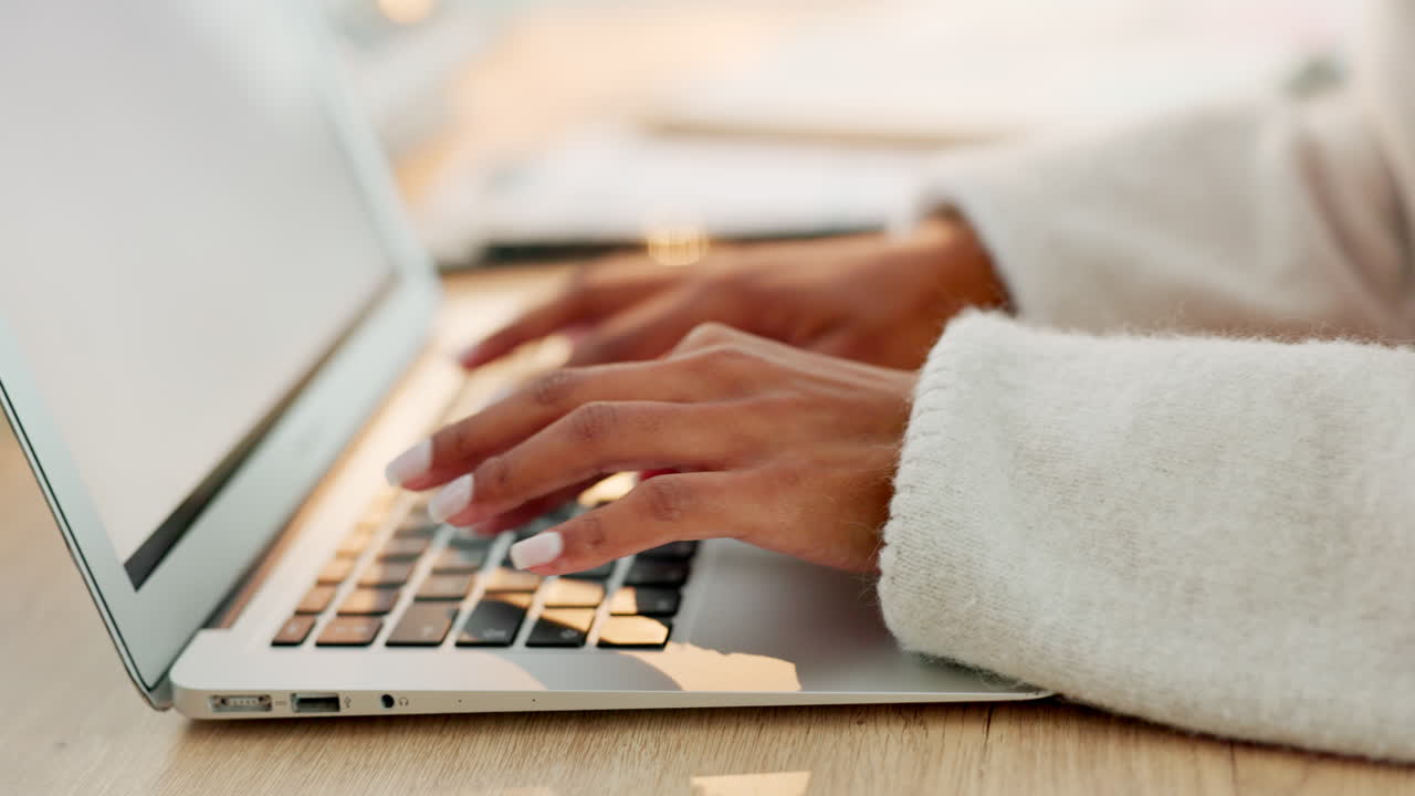 Hands typing, laptop and web search with working