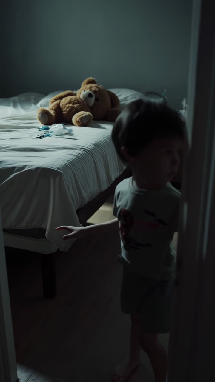 Child in bedroom with medical supplies