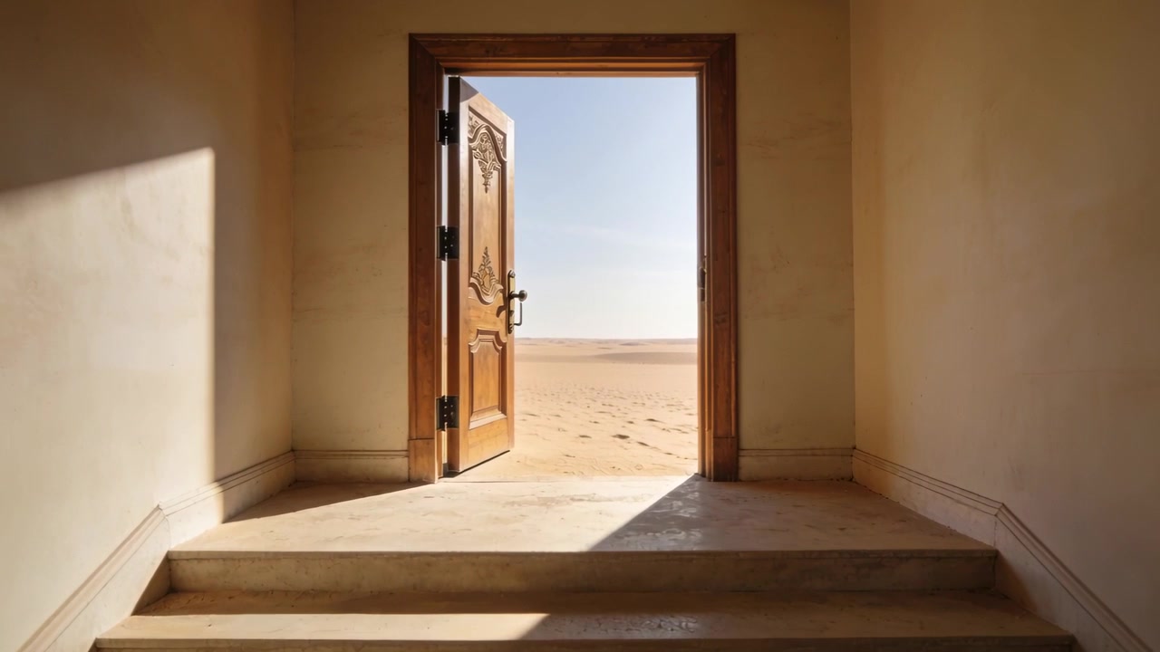 Swinging carved wooden door closing slightly at foyer, casting sunlight on desert footprints