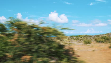 driving through the dry land landscape of curacao - wide moving shot